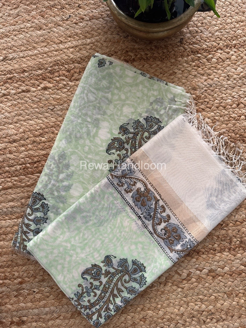 Maheshwari Pista Green-White Handblock Print Top-Dupatta HBS0146