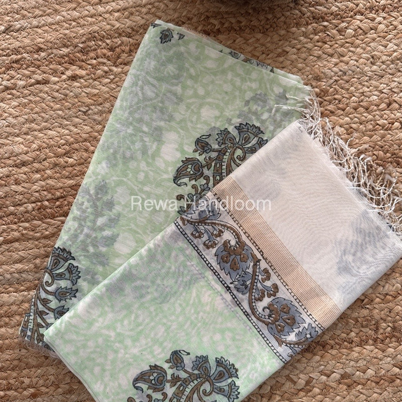Maheshwari Pista Green-White Handblock Print Top-Dupatta HBS0146
