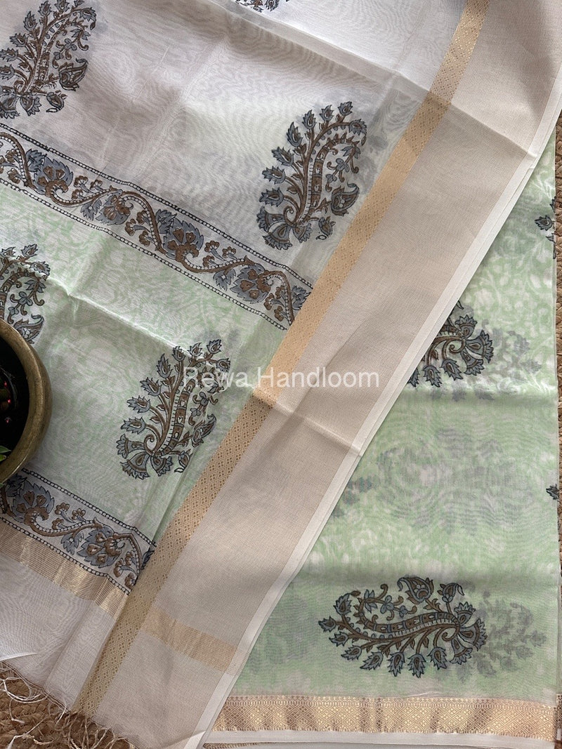 Maheshwari Pista Green-White Handblock Print Top-Dupatta HBS0146