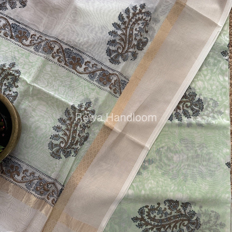 Maheshwari Pista Green-White Handblock Print Top-Dupatta HBS0146