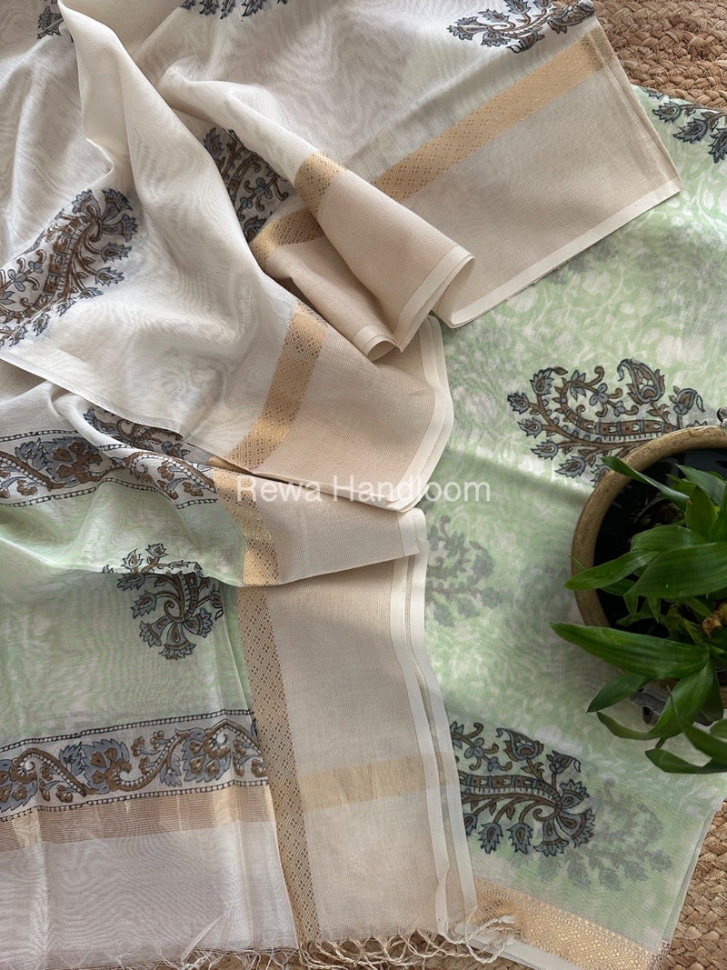 Maheshwari Pista Green-White Handblock Print Top-Dupatta HBS0146