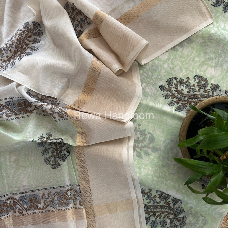 Maheshwari Pista Green-White Handblock Print Top-Dupatta HBS0146