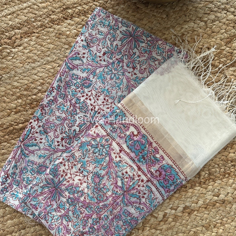   Maheshwari White Handblock Print Top-Dupatta HBS0110