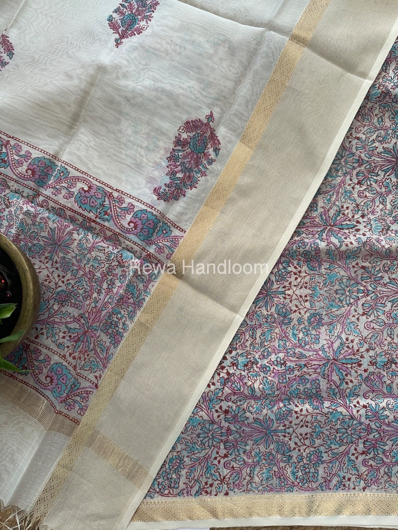 Maheshwari White Handblock Print Top-Dupatta HBS0110