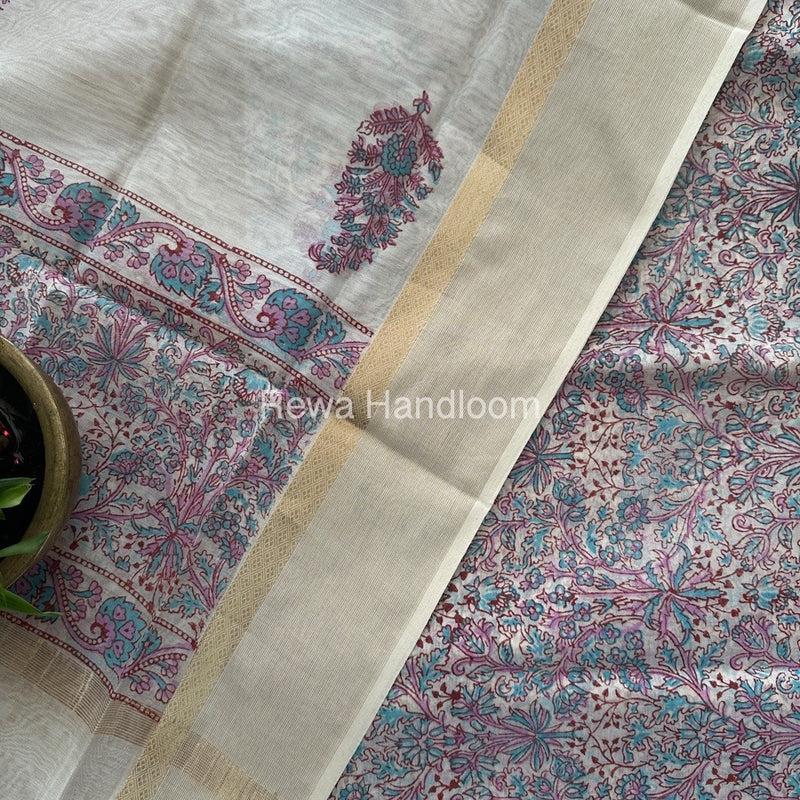 Maheshwari White Handblock Print Top-Dupatta HBS0110