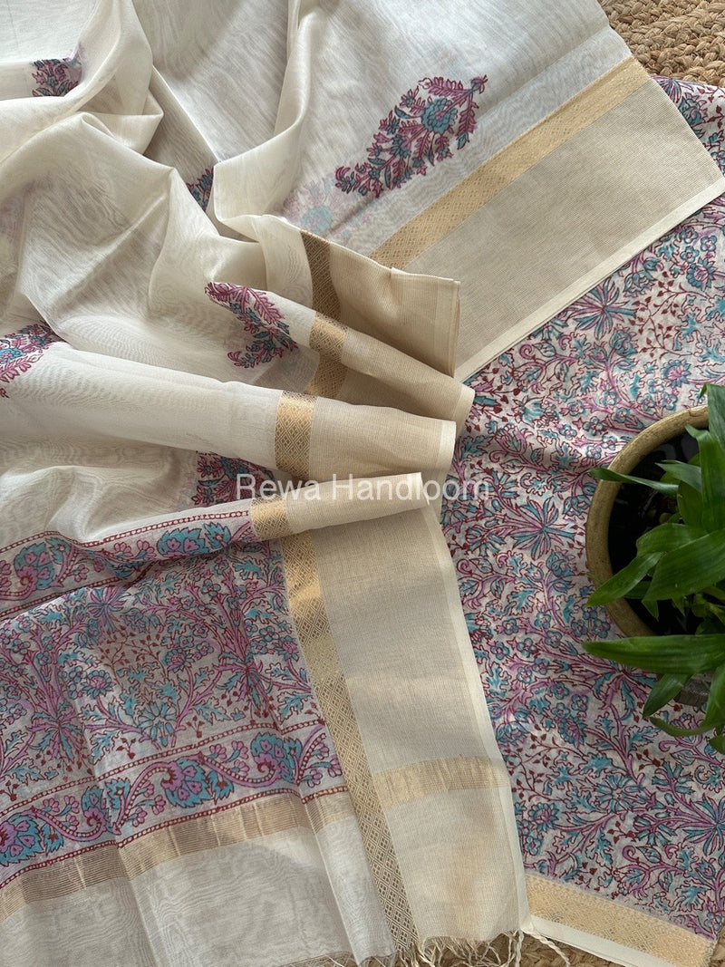 Maheshwari White Handblock Print Top-Dupatta HBS0110