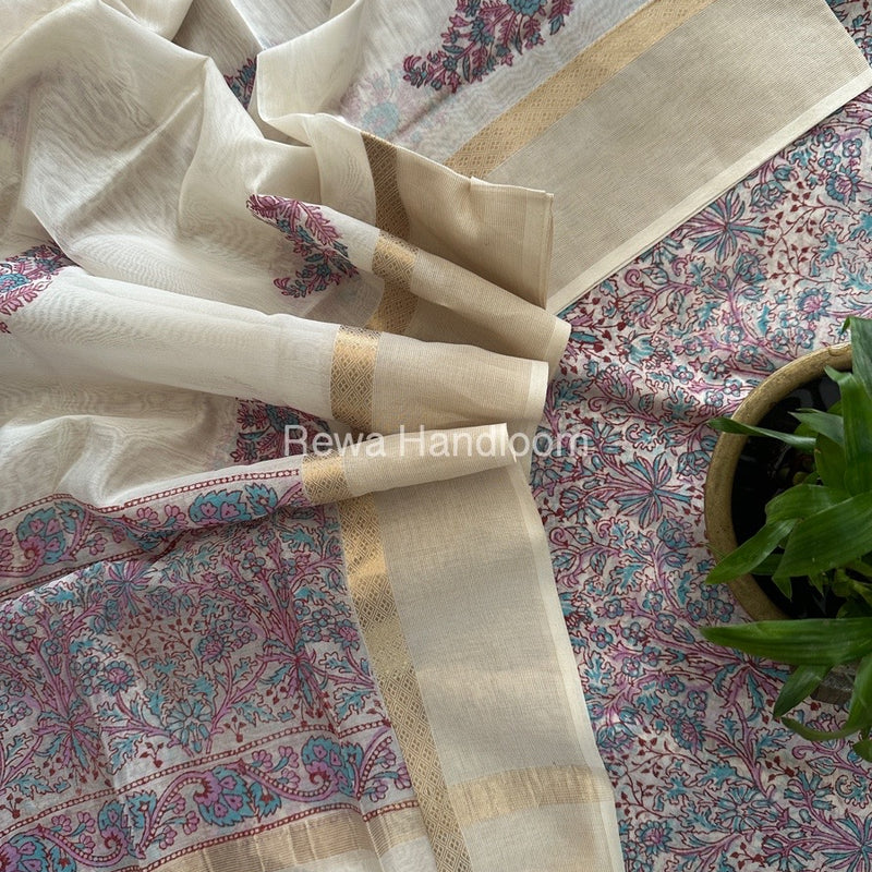 Maheshwari White Handblock Print Top-Dupatta HBS0110