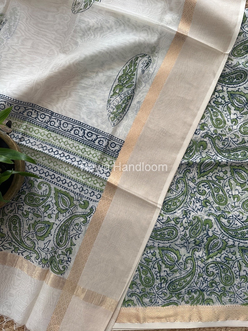 Maheshwari White Handblock Print Top-Dupatta HBS0148