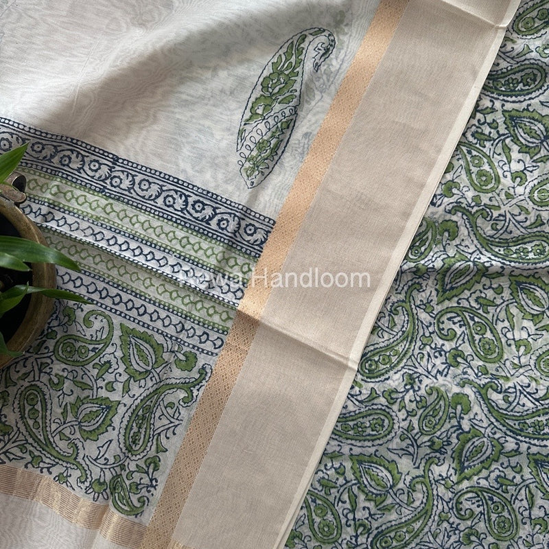 Maheshwari White Handblock Print Top-Dupatta HBS0148