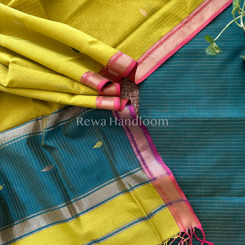 Maheshwari Sea Green-Yellow Motifs Top-Dupatta Set-PST055