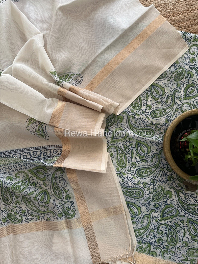 Maheshwari White Handblock Print Top-Dupatta HBS0148