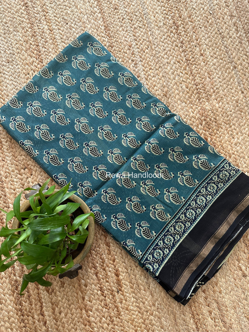 Teal Grey Chanderi Silk Printed Saree CPS0104