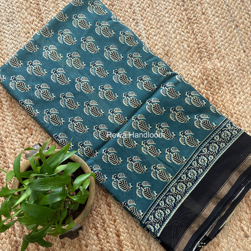 Teal Grey Chanderi Silk Printed Saree CPS0104