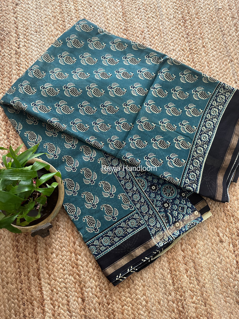 Teal Grey Chanderi Silk Printed Saree CPS0104