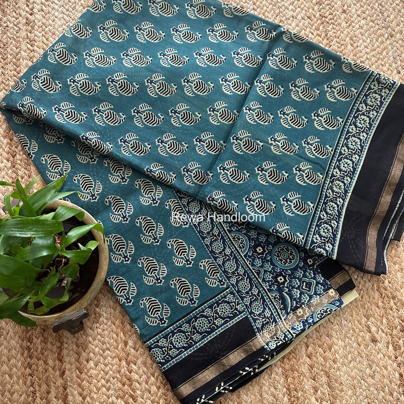 Teal Grey Chanderi Silk Printed Saree CPS0104