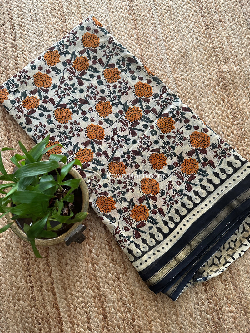 Cream White Chanderi Silk Printed Saree CPS0111