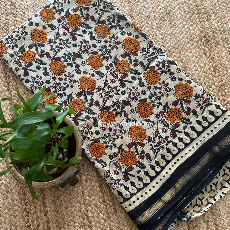 Cream White Chanderi Silk Printed Saree CPS0111