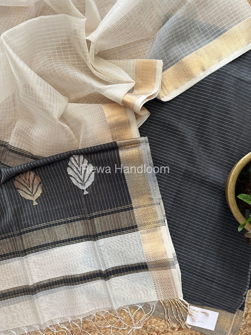 Maheshwari Black-White Katan Motifs Top Dupatta Sets KBS075