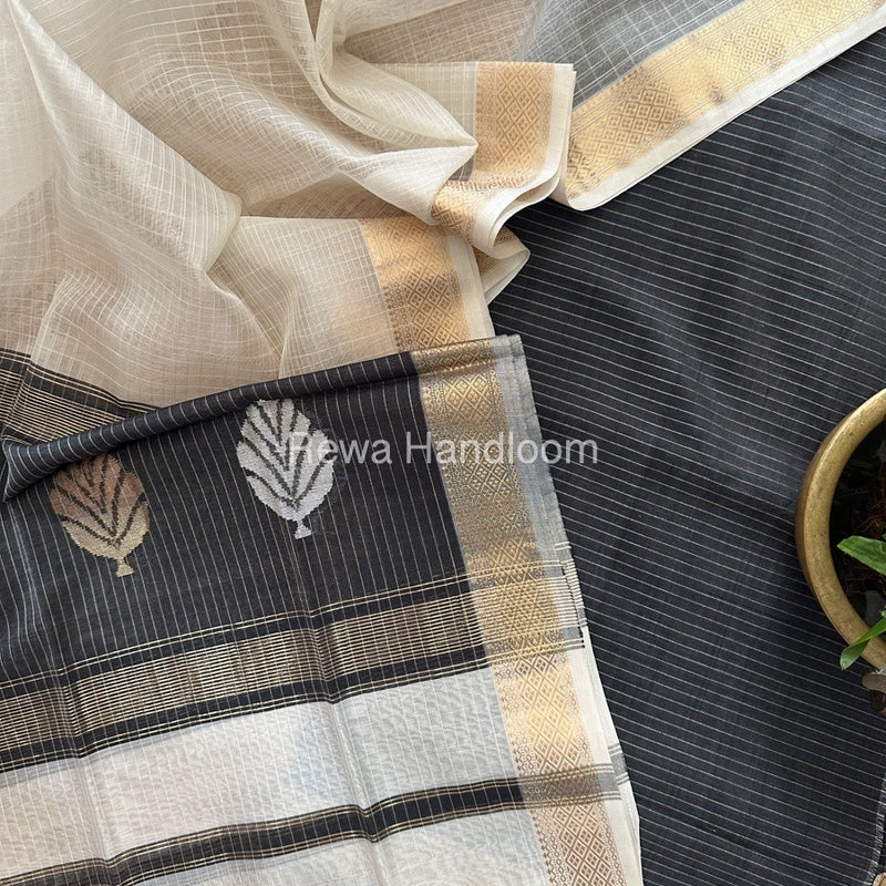 Maheshwari Black-White Katan Motifs Top Dupatta Sets KBS075