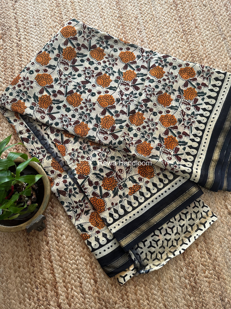 Cream White Chanderi Silk Printed Saree CPS0111