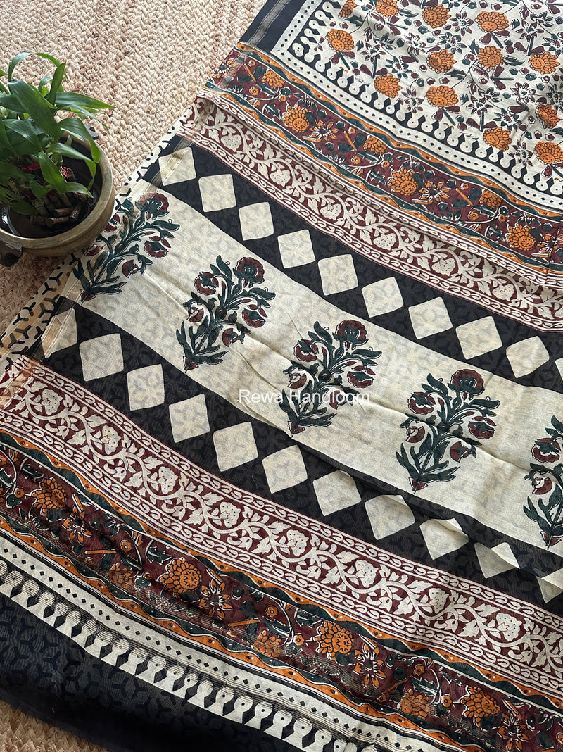 Cream White Chanderi Silk Printed Saree CPS0111