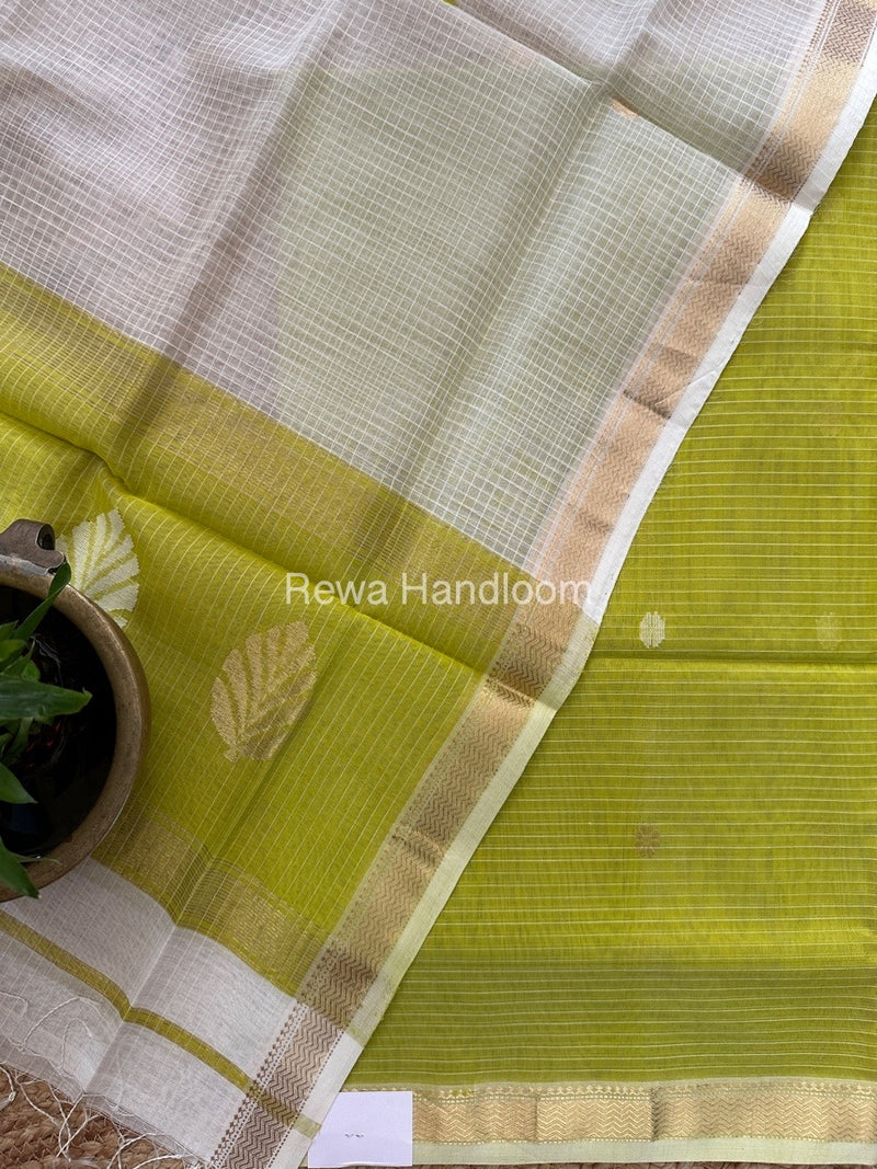 Maheshwari Parrot Green-White Katan Motifs Top Dupatta Sets KBS074