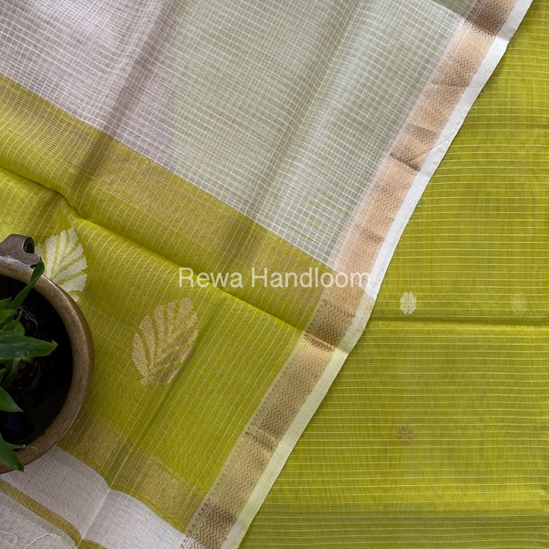 Maheshwari Parrot Green-White Katan Motifs Top Dupatta Sets KBS074