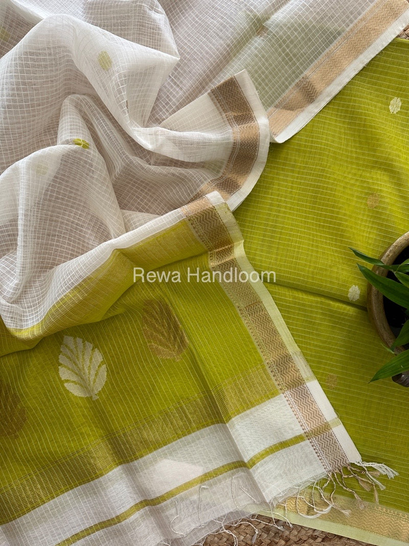 Maheshwari Parrot Green-White Katan Motifs Top Dupatta Sets KBS074