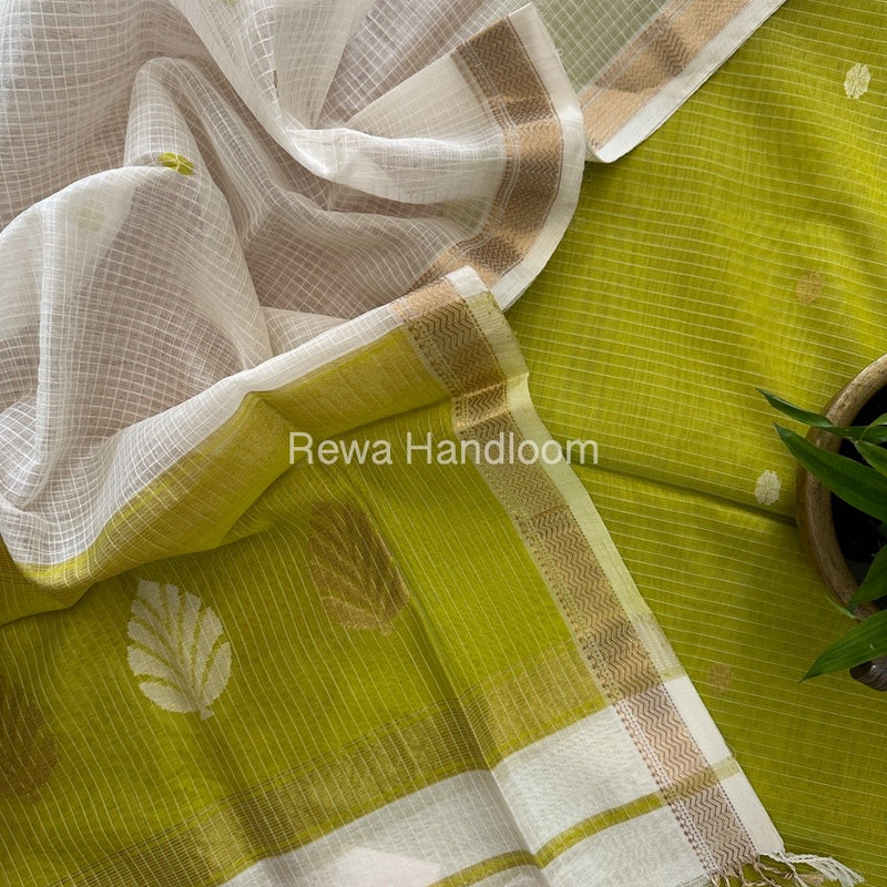 Maheshwari Parrot Green-White Katan Motifs Top Dupatta Sets KBS074