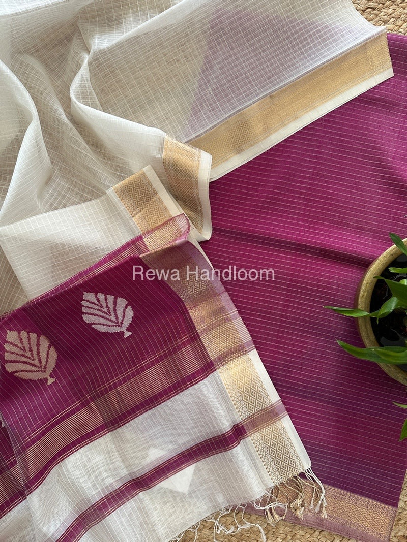 Maheshwari Dark Magenta-White Katan Motifs Top Dupatta Sets KBS076