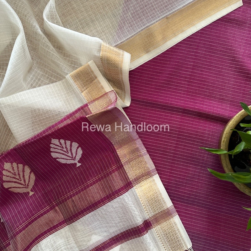 Maheshwari Dark Magenta-White Katan Motifs Top Dupatta Sets KBS076