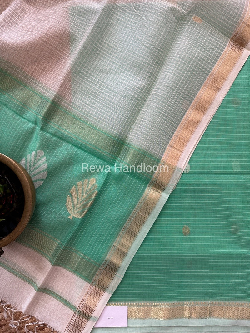 Maheshwari Aqua Green-White Katan Motifs Top Dupatta Sets KBS078