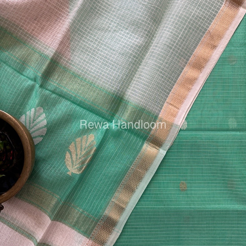 Maheshwari Aqua Green-White Katan Motifs Top Dupatta Sets KBS078