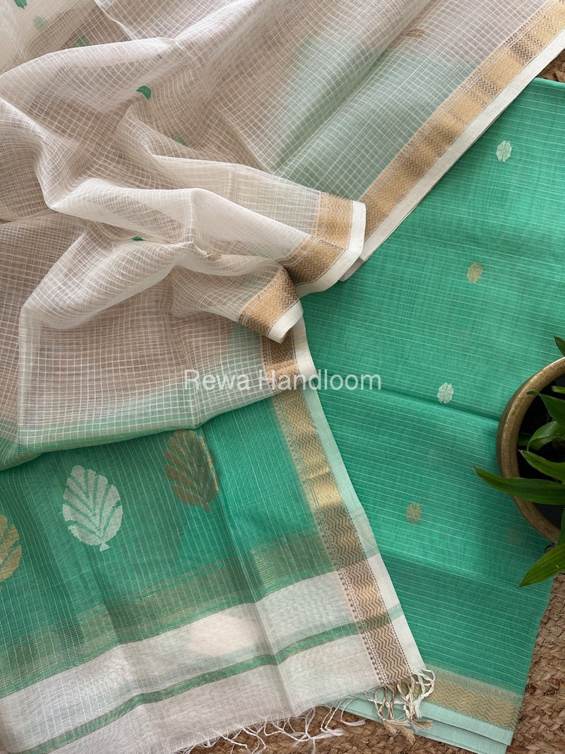 Maheshwari Aqua Green-White Katan Motifs Top Dupatta Sets KBS078