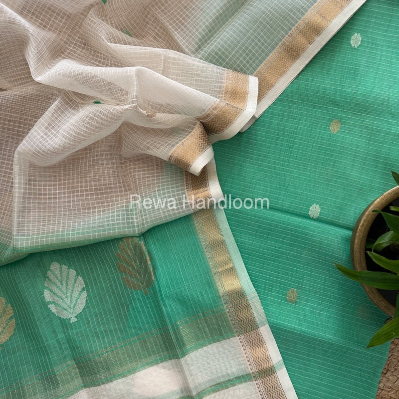 Maheshwari Aqua Green-White Katan Motifs Top Dupatta Sets KBS078
