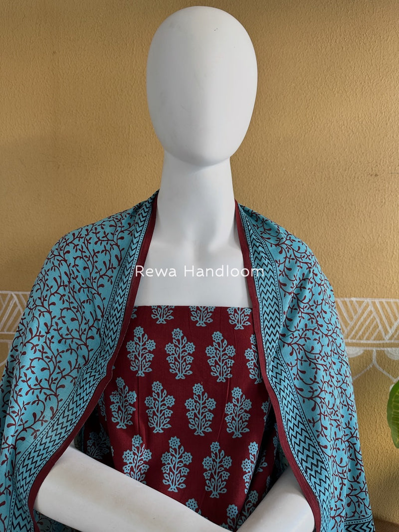 Maroon-Sky Blue Bagh Print Cotton Suit BGCSJ0196