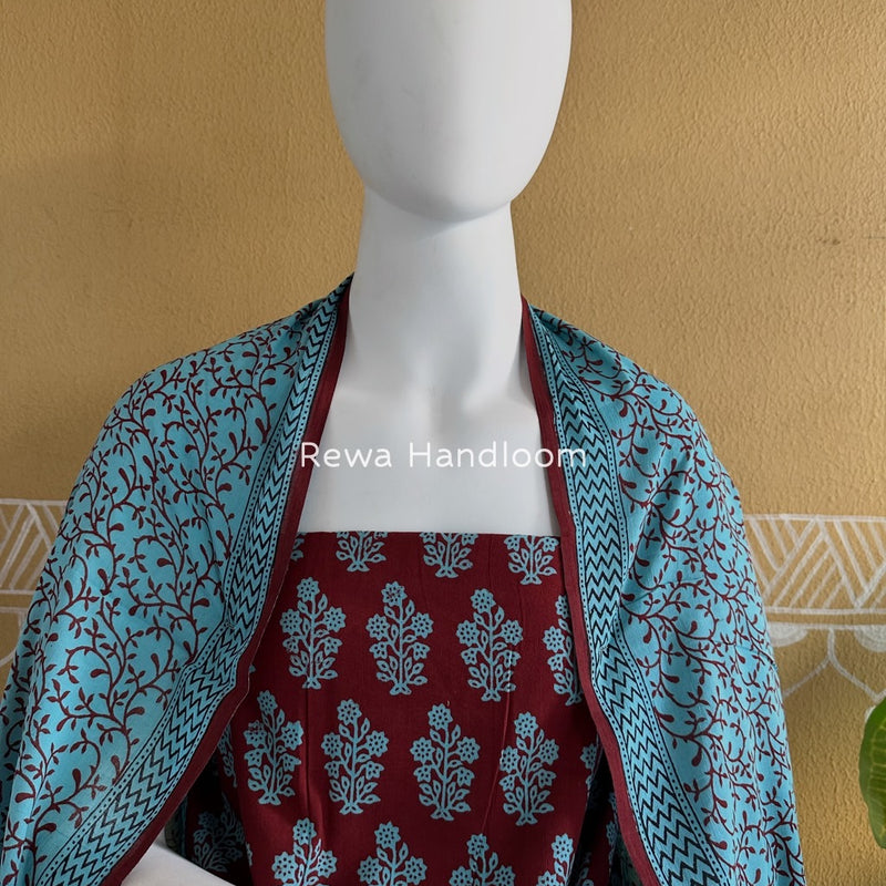 Maroon-Sky Blue Bagh Print Cotton Suit BGCSJ0196