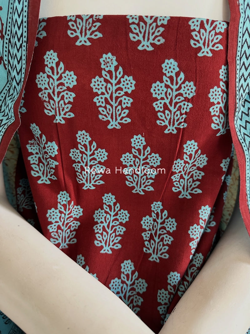 Maroon-Sky Blue Bagh Print Cotton Suit BGCSJ0196