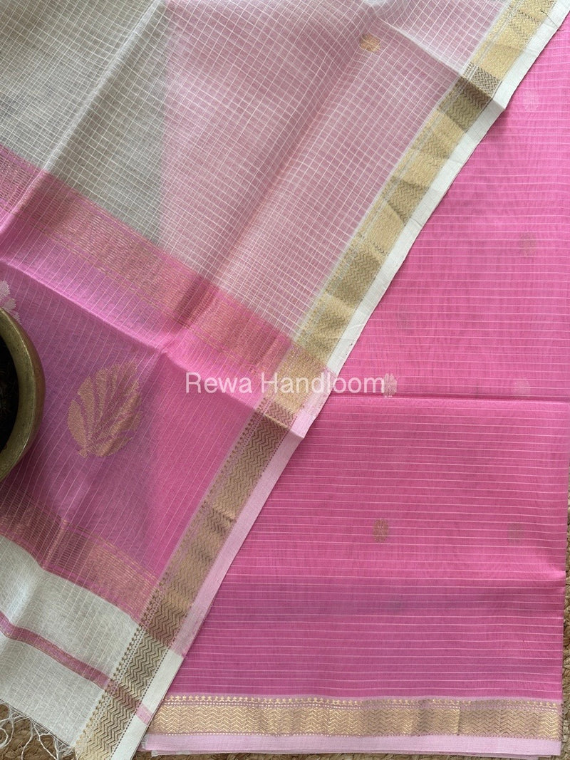 Maheshwari Pink-White Katan Motifs Top Dupatta Sets KBS079