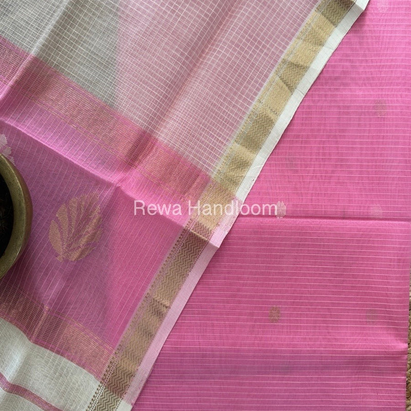 Maheshwari Pink-White Katan Motifs Top Dupatta Sets KBS079