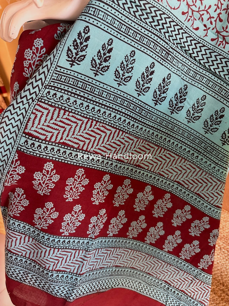 Maroon-Sky Blue Bagh Print Cotton Suit BGCSJ0196