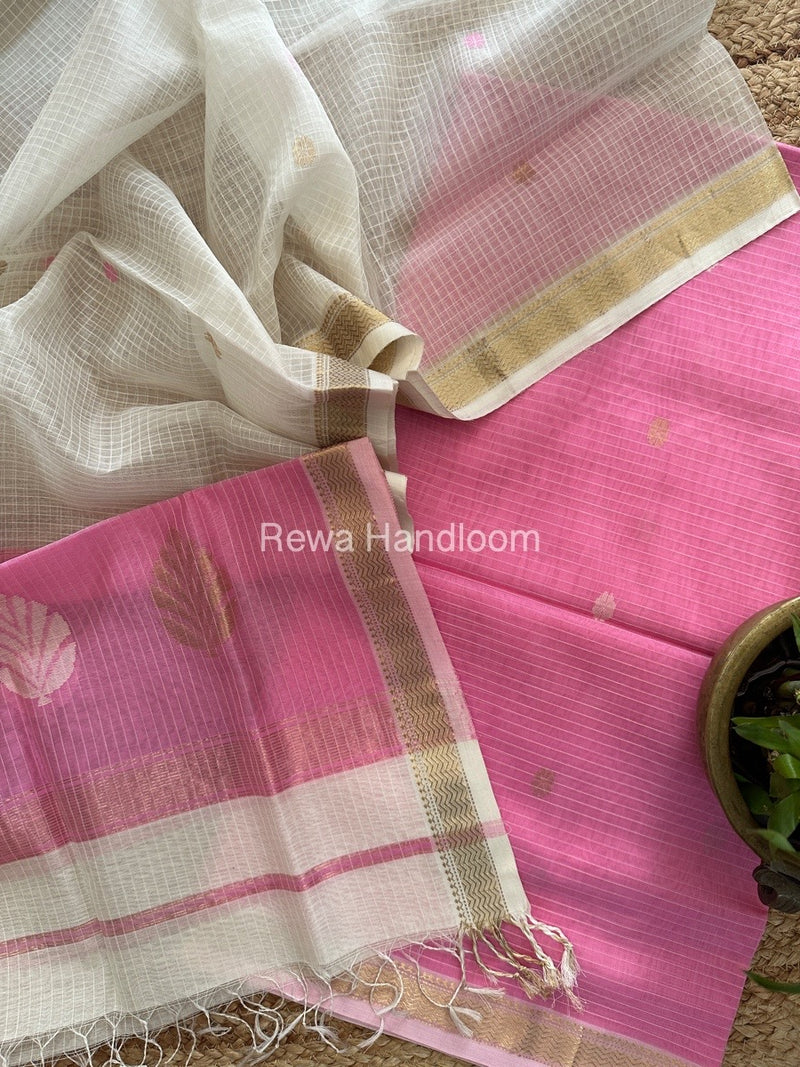 Maheshwari Pink-White Katan Motifs Top Dupatta Sets KBS079
