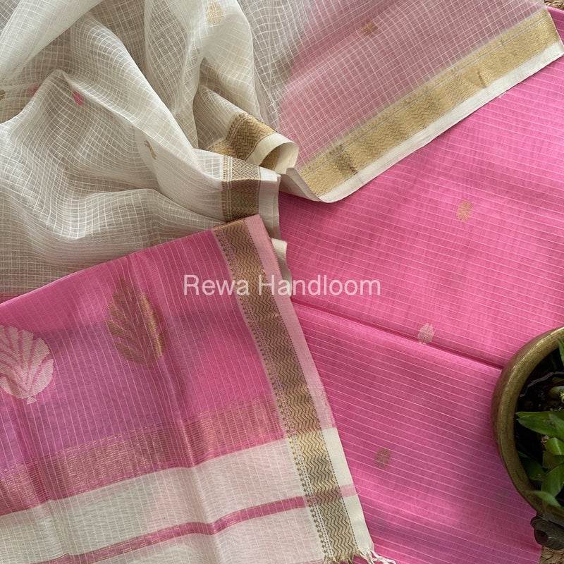 Maheshwari Pink-White Katan Motifs Top Dupatta Sets KBS079