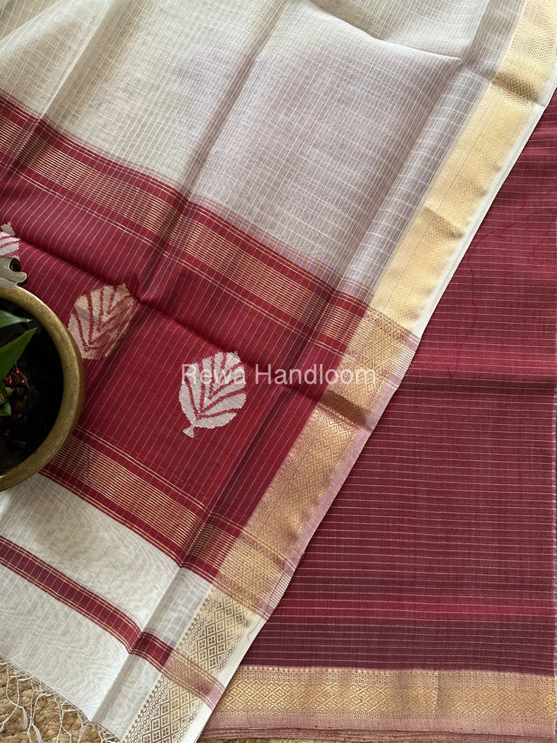 Maheshwari Maroon-White Katan Motifs Top Dupatta Sets KBS073