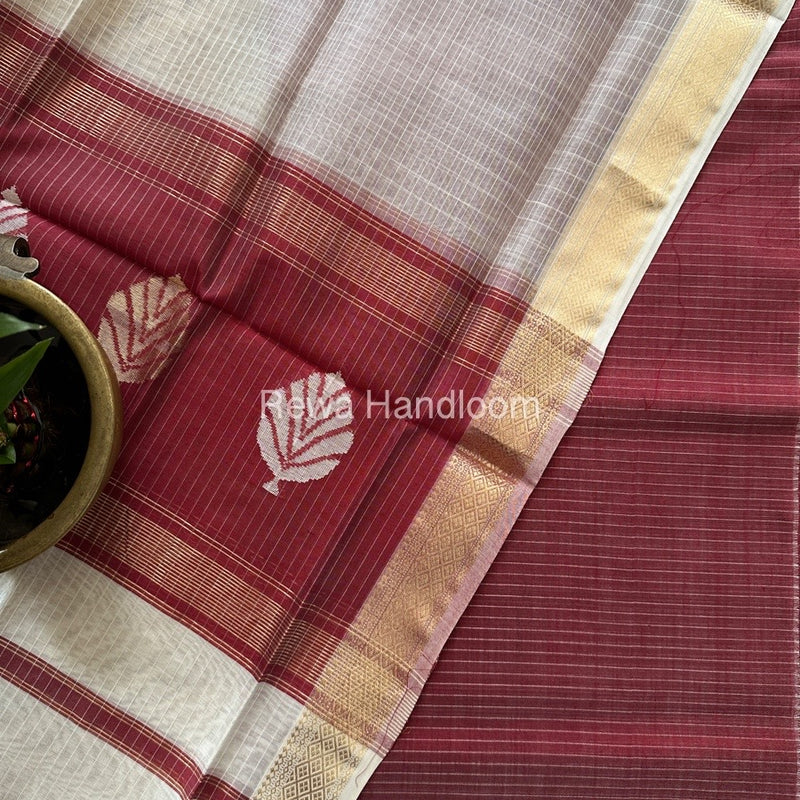 Maheshwari Maroon-White Katan Motifs Top Dupatta Sets KBS073