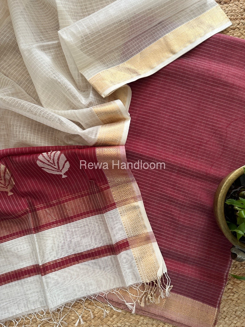 Maheshwari Maroon-White Katan Motifs Top Dupatta Sets KBS073