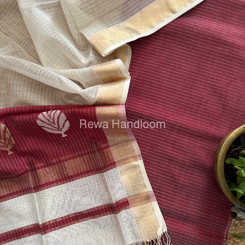 Maheshwari Maroon-White Katan Motifs Top Dupatta Sets KBS073