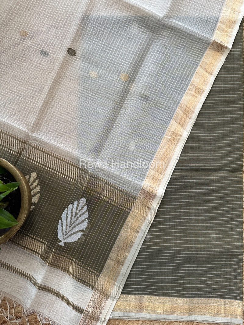 Maheshwari Light Olive Green-White Katan Motifs Top Dupatta Sets KBS077