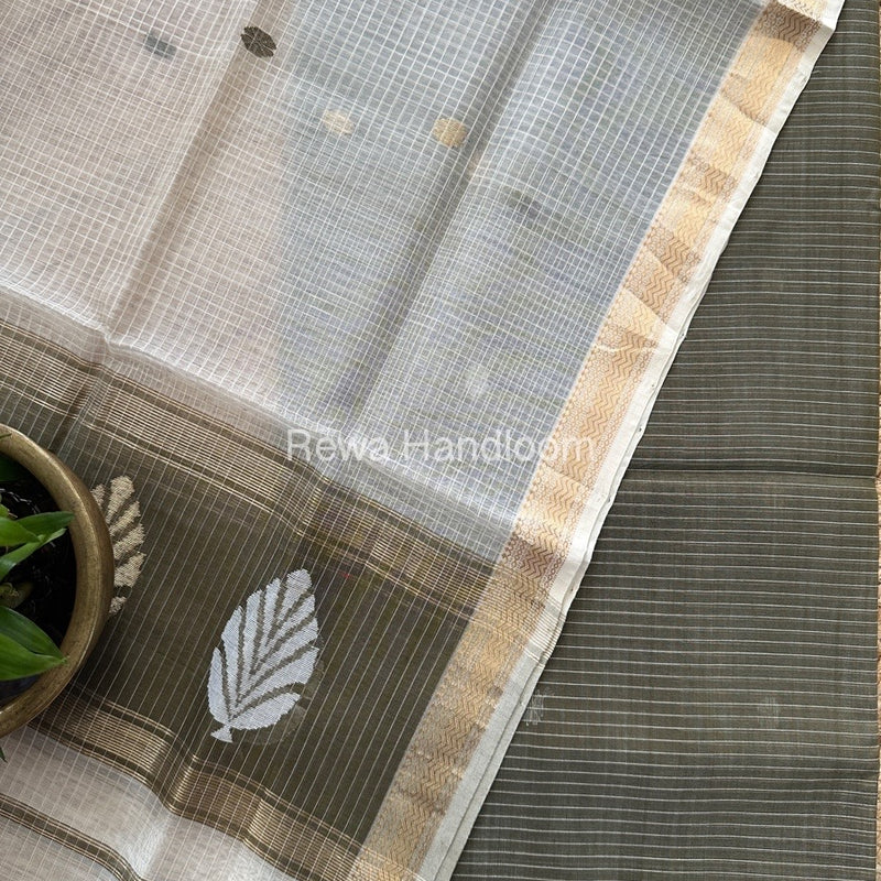 Maheshwari Light Olive Green-White Katan Motifs Top Dupatta Sets KBS077