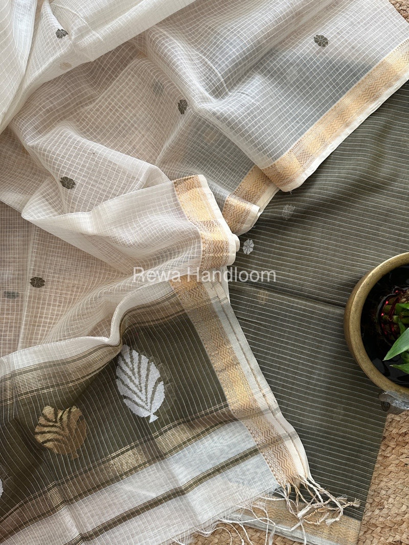 Maheshwari Light Olive Green-White Katan Motifs Top Dupatta Sets KBS077